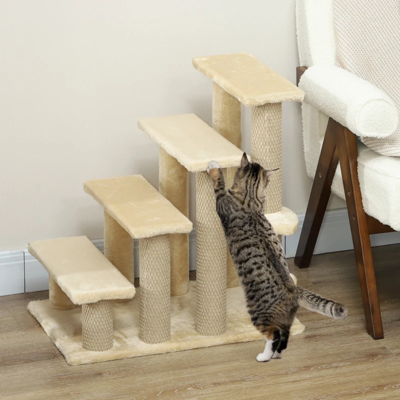 PawHut 4-step Pet Stairs with Scratching Posts, Platforms, Toy Ball, Beige