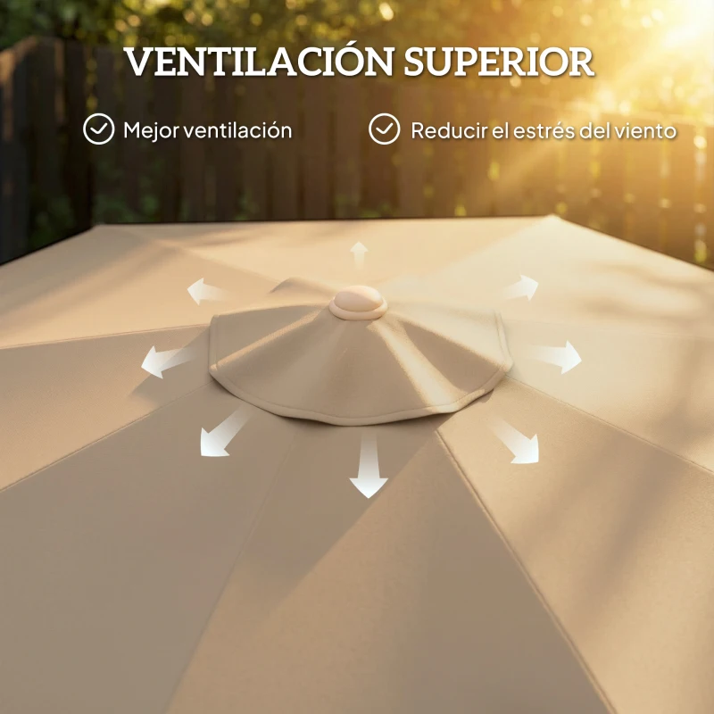 Outsunny Sombrilla de Jardín Ø266x238 cm con Ángulo Ajustable Manivela y Toldo con Flecos Decorativos para Patio Terraza Caqui