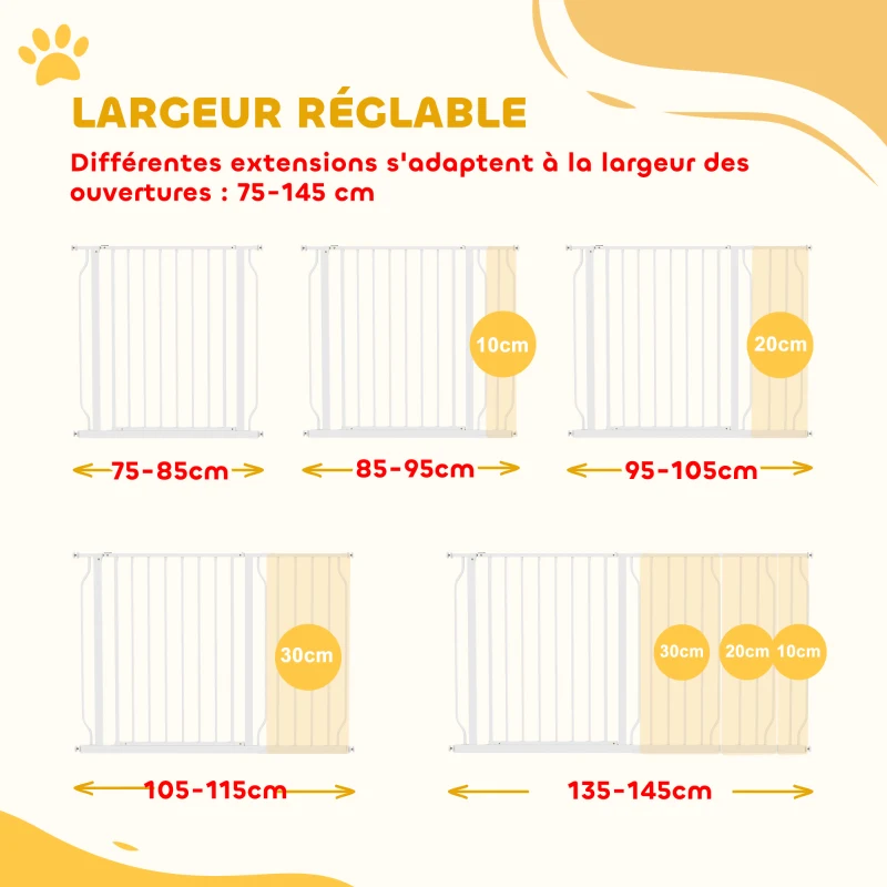 PawHut Barrière de sécurité chien barrière extensible 75-145 x 76 cm barrière escaliers couloirs portes sans perçage en acier et ABS blanc