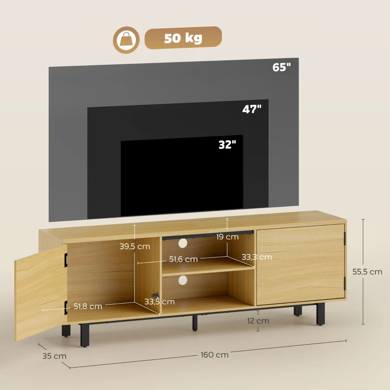HOMCOM Meuble TV, meuble télé jusqu'à 65 pouces, 2 portes à ouverture par pression et 2 étagères, 160x35x55,5cm, bois naturel