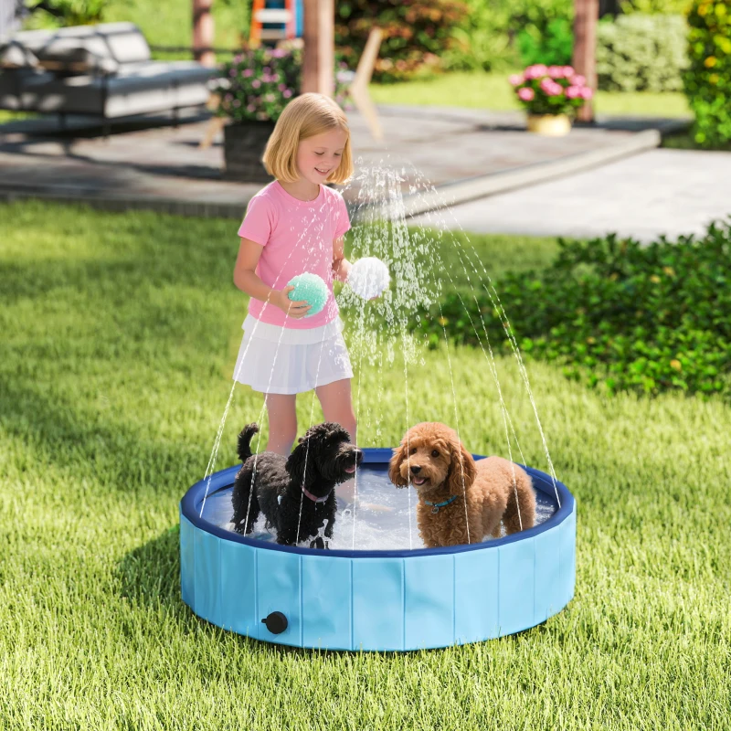 PawHut Piscina para Perros Medianos y Pequeños Plegable con Aspersor de PVC Antideslizante Resistente Ø100x30 cm Azul Claro