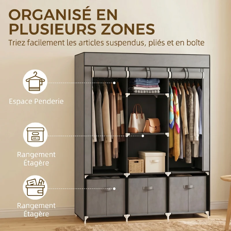 HOMCOM Armoire de rangement en tissu pliable avec 5 étagères, 2 tringles et 3 tiroirs en tissu 125L x 43l x 162.5H cm