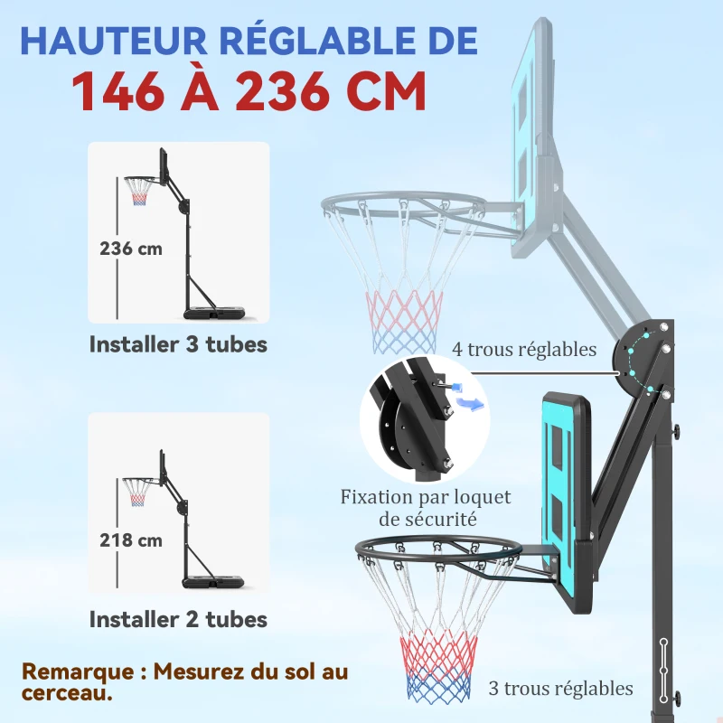 SPORTNOW Panier de basket extérieur hauteur réglable 146-236cm panier de basket sur pied à roulettes base remplissable noir