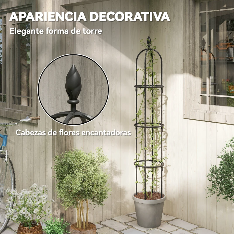 Outsunny Juego de 2 Obeliscos de Jardín de Acero PE 1,74 m Enrejados para Plantas Trepadoras Rosas para Exterior Patio Negro