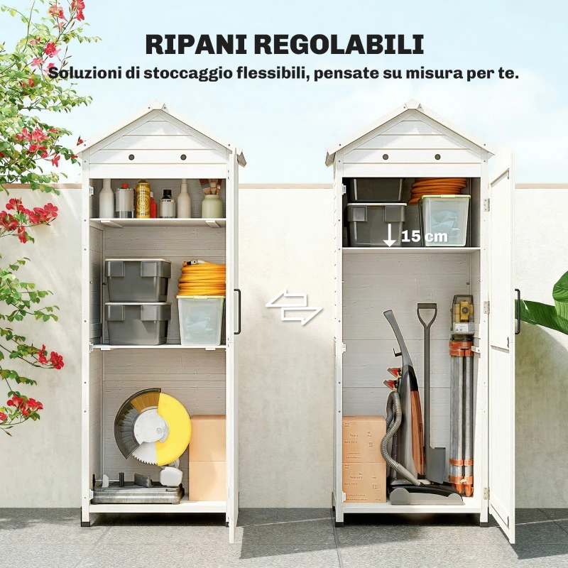 Outsunny Casetta porta Attrezzi in Legno con Tetto in Metallo e Scaffali Regolabili, 85x58x213 cm, Bianco