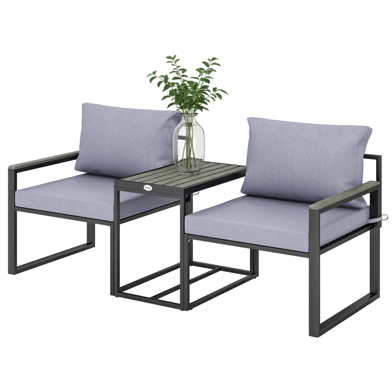 Outsunny 3-teiliges Balkonmöbel Set 2 Sessel mit Tisch abnehmbar Sitz-& Rückenkissen atmungsaktiv Bezug Grau