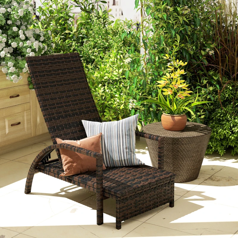 Outsunny Reclining Rattan Lounger, with Extending Footrest - Brown