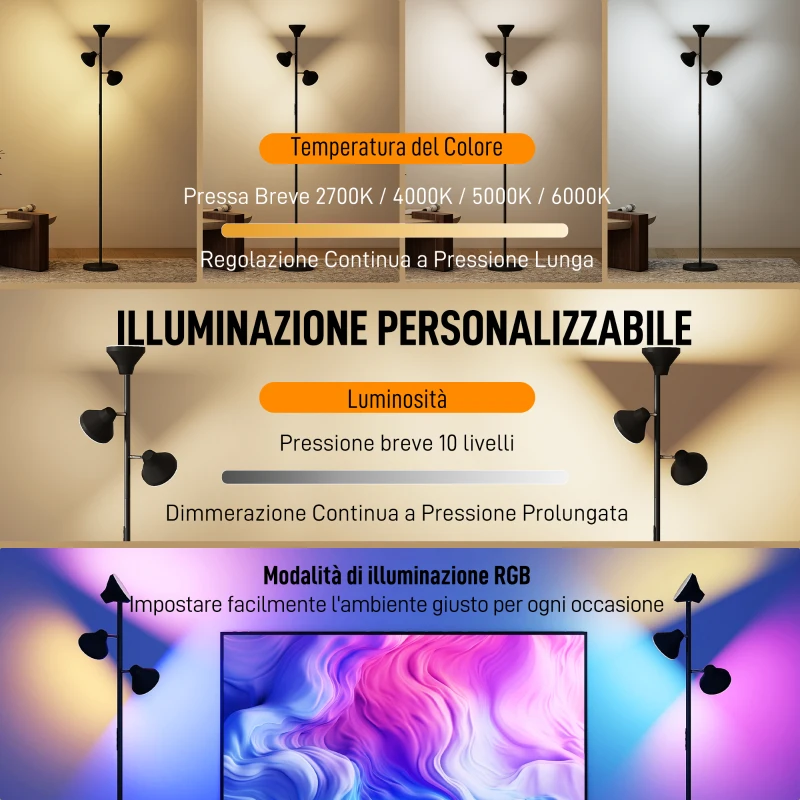 HOMCOM Lampada da Terra con 3 Teste Regolabili Indipendenti, Telecomando e Timer, in Acciaio e Plastica, Ø25x170 cm, Nero