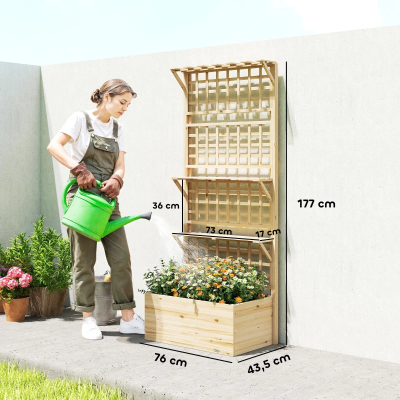 Outsunny Fioriera Rialzata in Legno con Traliccio, Tetto e 2 Mensole, 76x43.5x177 cm, Legno Naturale