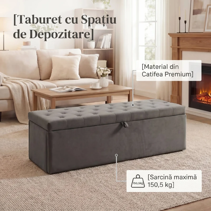 HOMCOM Pouf pentru ședere, suport pentru picioare, scaun, bancă mică, dulap pentru depozitare, gri