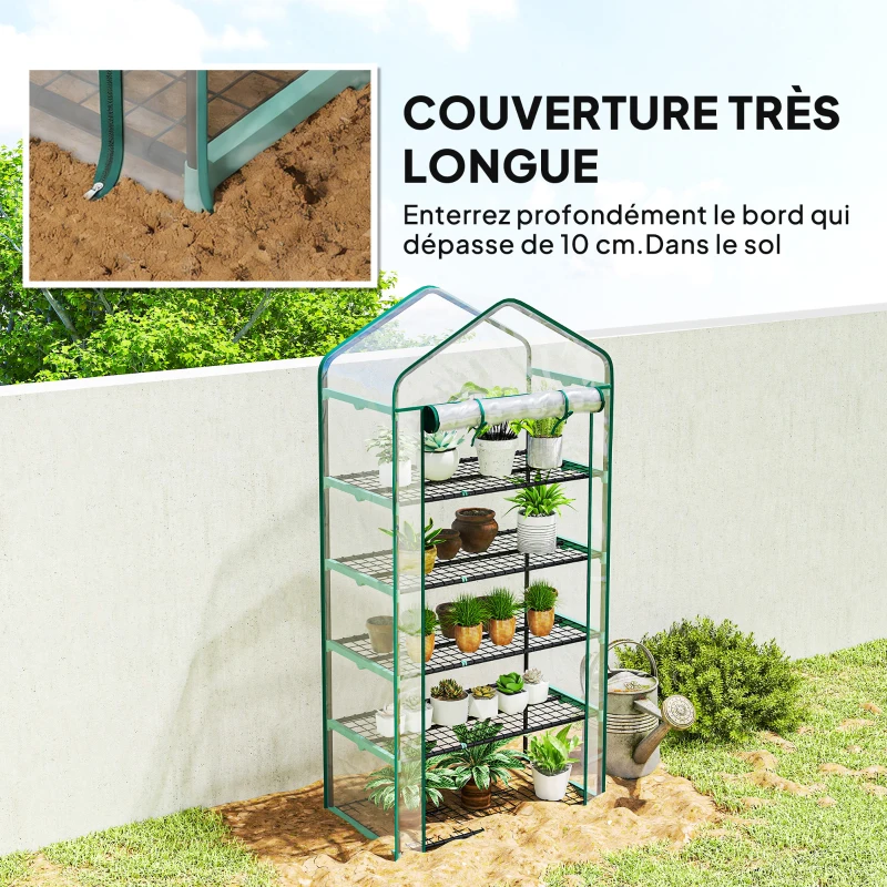 Outsunny Serre de jardin PVC avec étagères 5 niveaux, serre de balcon, châssis en acier, porte zippée, 90x49x193cm, transparent