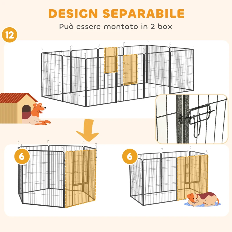 PawHut Recinto per Cani a 12 Pannelli Modulabili da 80x100 cm, Pieghevole con Porta in Acciaio e 12 Picchetti, Grigio