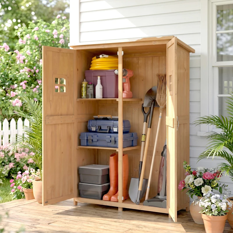 Outsunny Gartenschrank Holz Geräteschuppen Gerätehaus Geräteschrank Pultdach Garten Natur 127,5x50x164cm