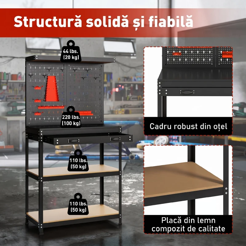 HOMCOM Banc de lucru cu panou perforat pentru scule, 2 rafturi și sertar, din oțel și lemn, 80x40,5x155 cm, negru