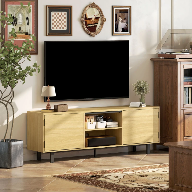 HOMCOM Meuble TV, meuble télé jusqu'à 65 pouces, 2 portes à ouverture par pression et 2 étagères, 160x35x55,5cm, bois naturel
