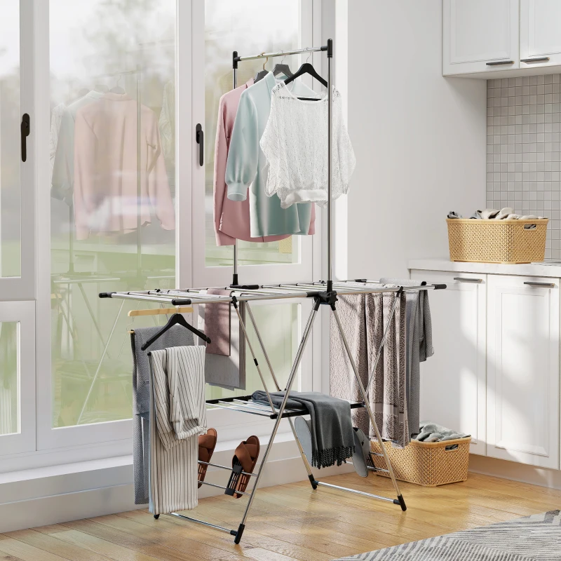 HOMCOM Tendedero Vertical Plegable con Alas Ajustables 4 Soportes para Calzado Barra y Estante 139x62,5x201 cm Plata