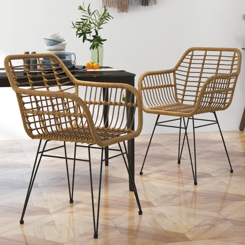 HOMCOM 2-er-Set Stühle im Boho-Stil, Küchenstühle, PE-Rattan, 56 x 60 x 79 cm, Natur + Schwarz