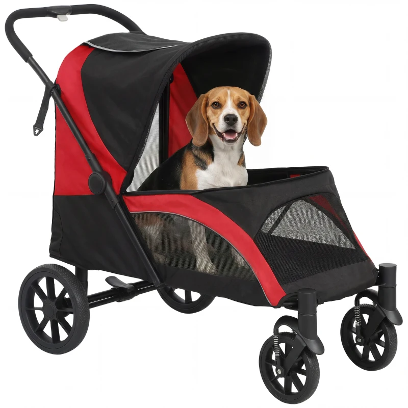 PawHut Hundewagen, Faltbarer Hundebuggy für mittelgroße Hunde, Haustierwagen mit 4 Rädern, Sicherheitsleinen, Bremsen, Schwarz
