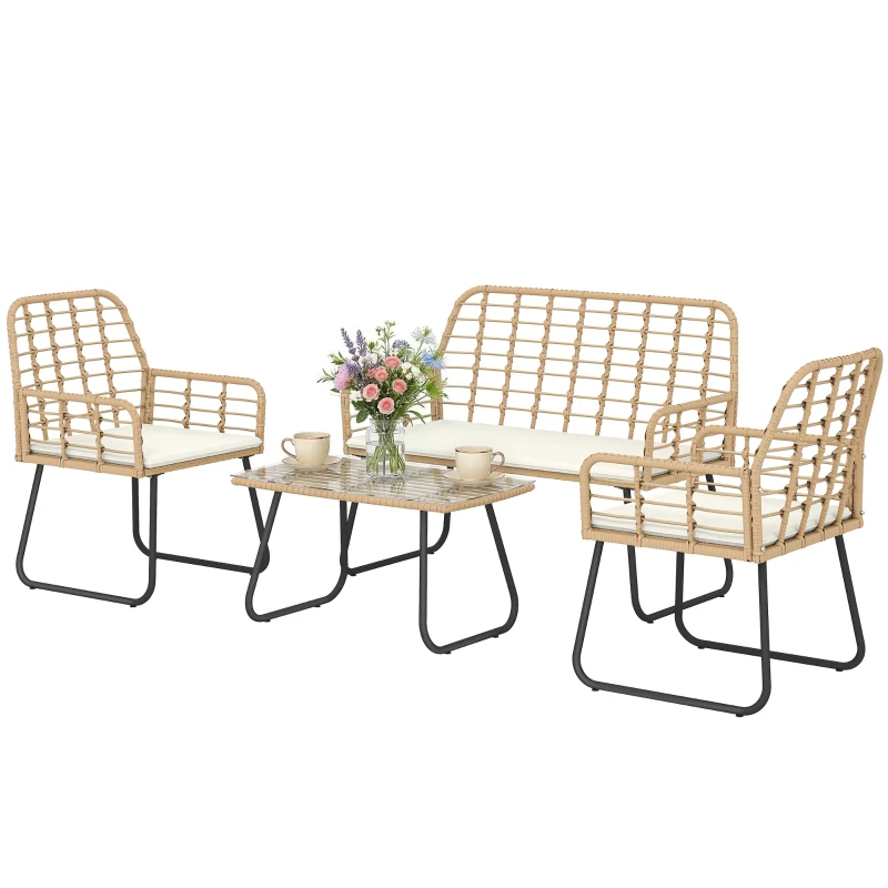 Outsunny 4 Piece Rattan Garden Furniture Set, Outdoor Patio Furniture with Loveseat, Armchairs and Coffee Table