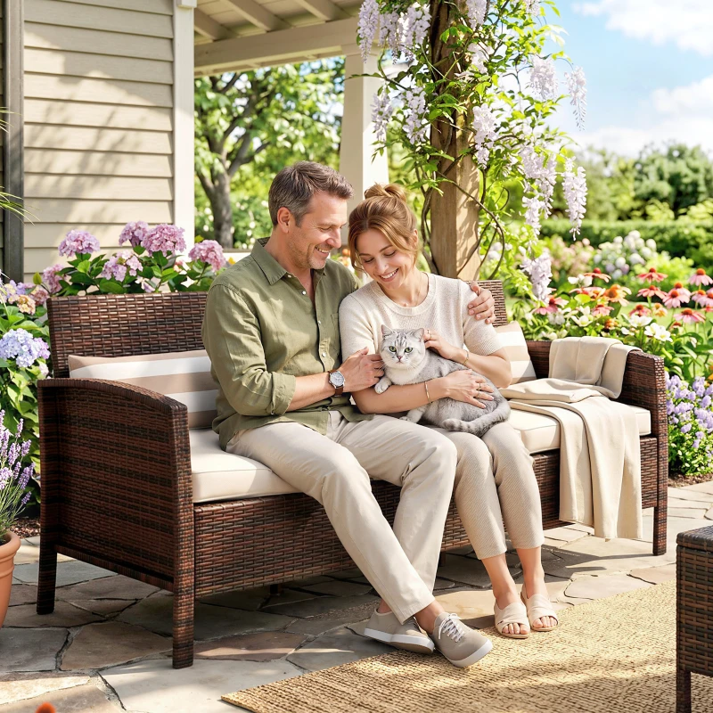 Outsunny Rattan Sofa mit Kissen, Dreisitzer, Garten Loungesofa, Stahl, Braun, 173 x 68 x 78 cm