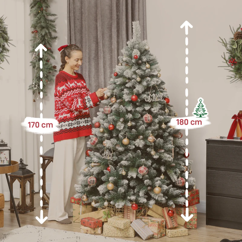 HOMCOM Künstlicher Weihnachtsbaum 180 cm künstlich Tannenbaum mit Schnee, 1000 Spitzen 34 Tannenzapfen Breite Basis