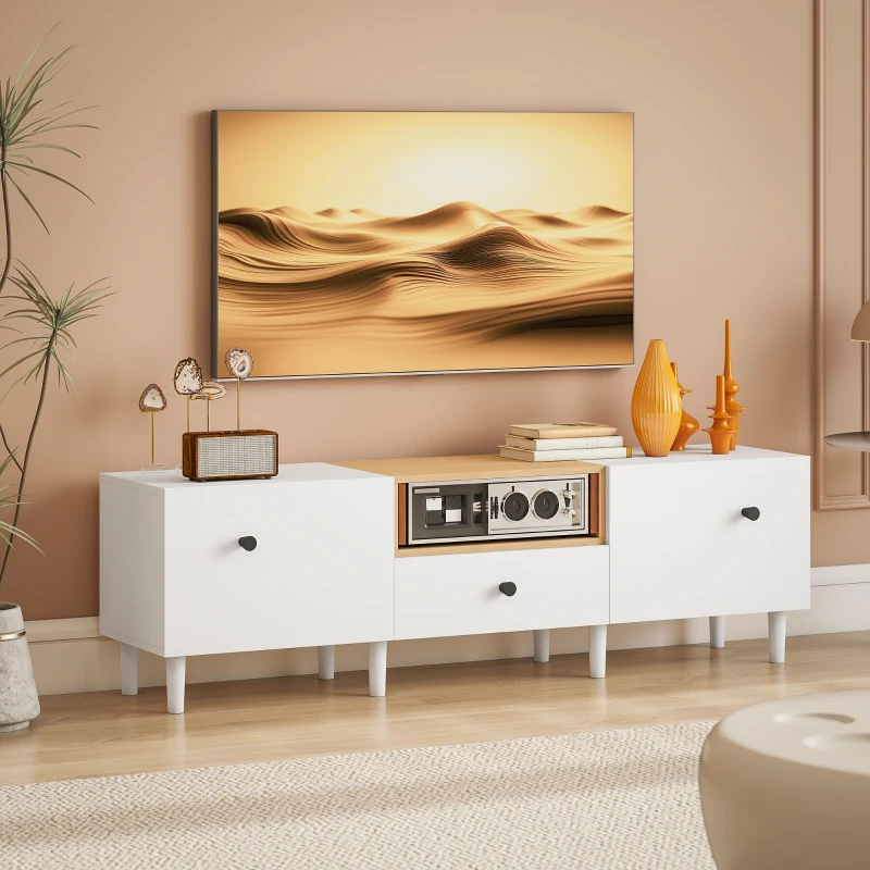 HOMCOM Mobil TV 70" max cu 2 uși rabatabile, sertar și raft deschis, din lemn, 150x35x45 cm, alb și culoare lemn