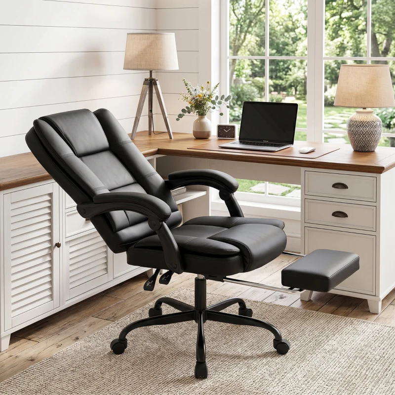 HOMCOM Scaun Birou Ergonomic Reclinabil Rotativ din Piele PU cu Suport pentru Picioare, Înălțime Reglabilă, Negru
