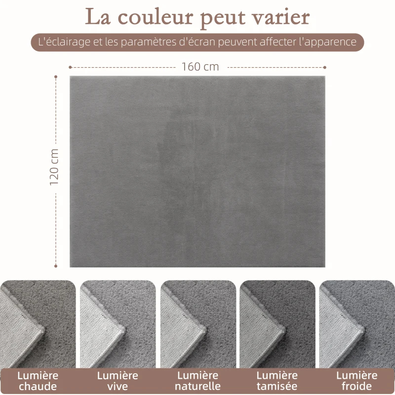 HOMCOM Tapis salon 160 x 120 cm tapis à poils longs, lavable en machine, antidérapant, en fausse fourrure, gris clair