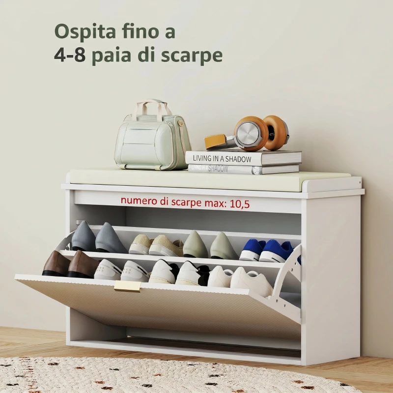 HOMCOM Banco Zapatero con Asiento Acolchado Cajón Abatible y Estante Ajustable para Entrada o Dormitorio 80x26x47,5 cm Blanco