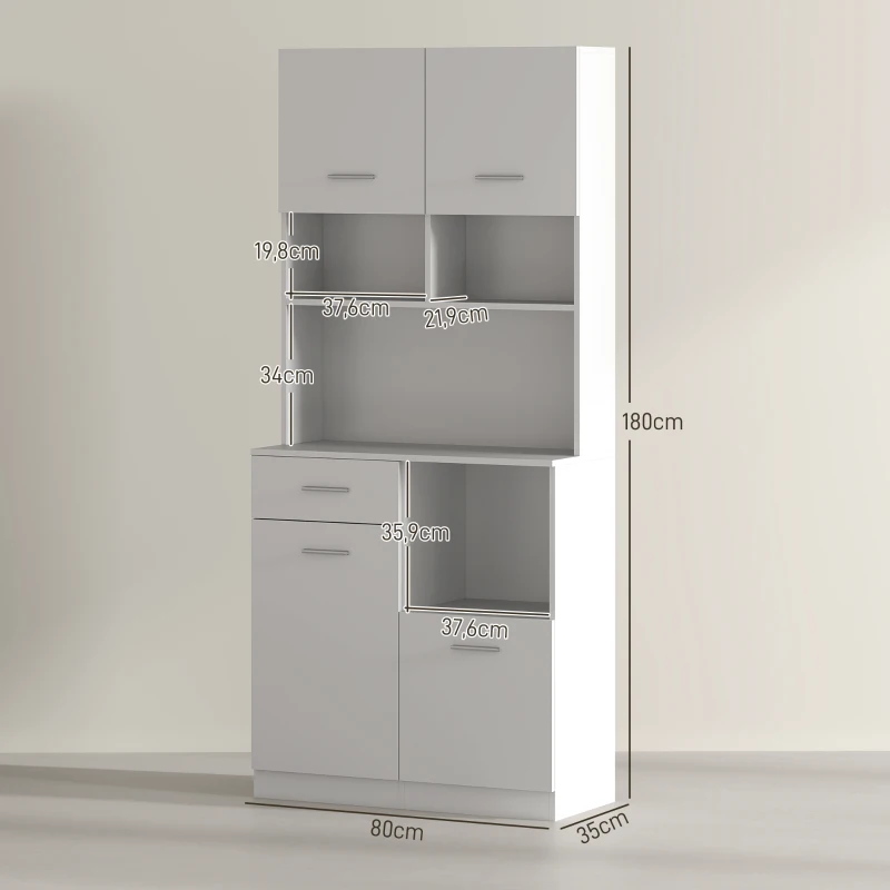 HOMCOM Mobile Dispensa in Legno con Cassetto, 4 Armadietti e 3 Ripiani Aperti, 80x35x180 cm, Bianco
