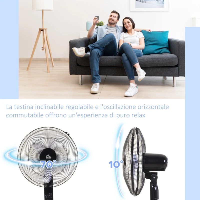 HOMCOM Ventilatore a Piantana con Telecomando, Altezza Regolabile, 3 Velocità, Angolo di Inclinazione Regolabile, in Metallo, Nero