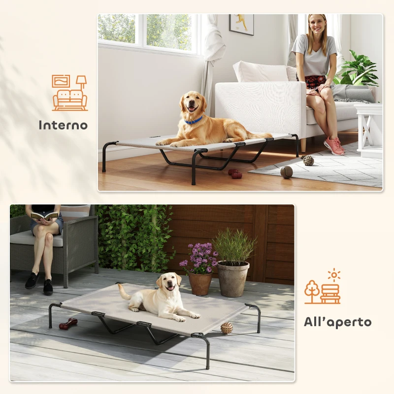 PawHut Lettino per Cani Grandi Rialzato da Esterno in Acciaio e Rete Traspirante, 152x94x23 cm, Beige
