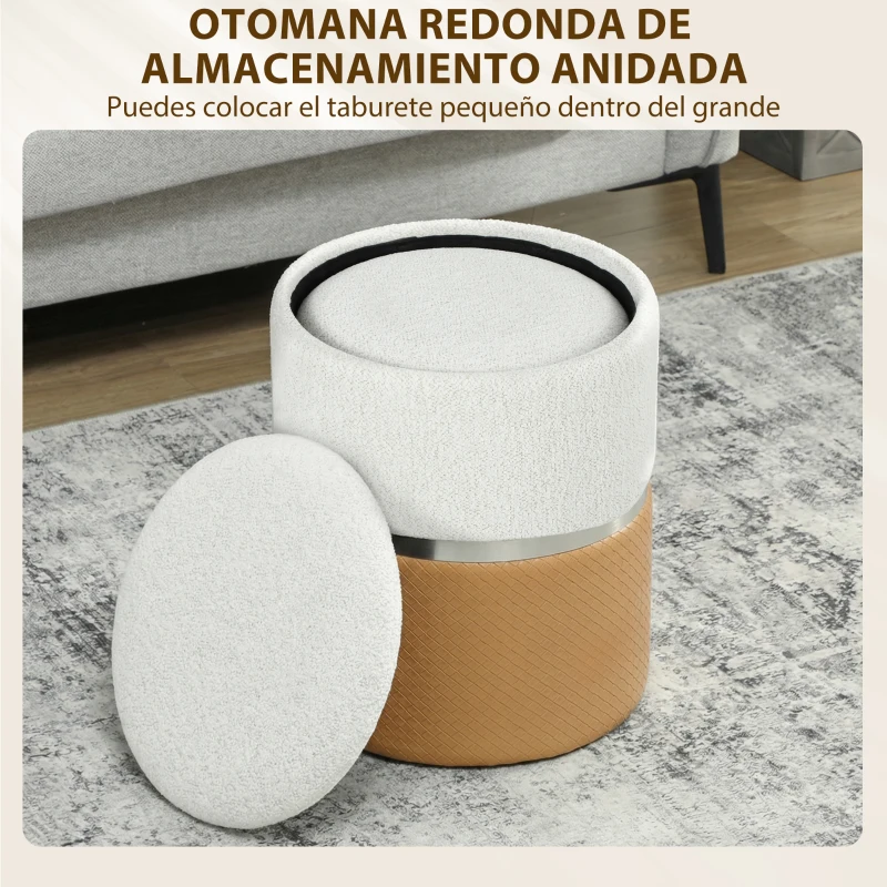 HOMCOM Juego de 2 Puff Almacenaje Tapizados en Chenilla y PU Asiento Acolchado para Pasillo Dormitorio Marrón y Crema