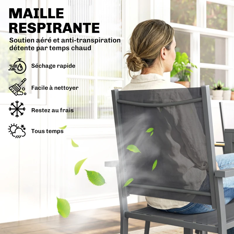 Outsunny Salon de Jardin Ensemble Mobilier de Jardin 7 Pièces Table Effet Bois 6 Chaises Empilables en Textilène 140x80x72cm Gris