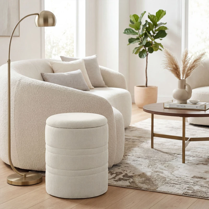 HOMCOM Pouf de Rangement en Chenille avec Couvercle, Tabouret Rond pour Salon et Chambre, Beige