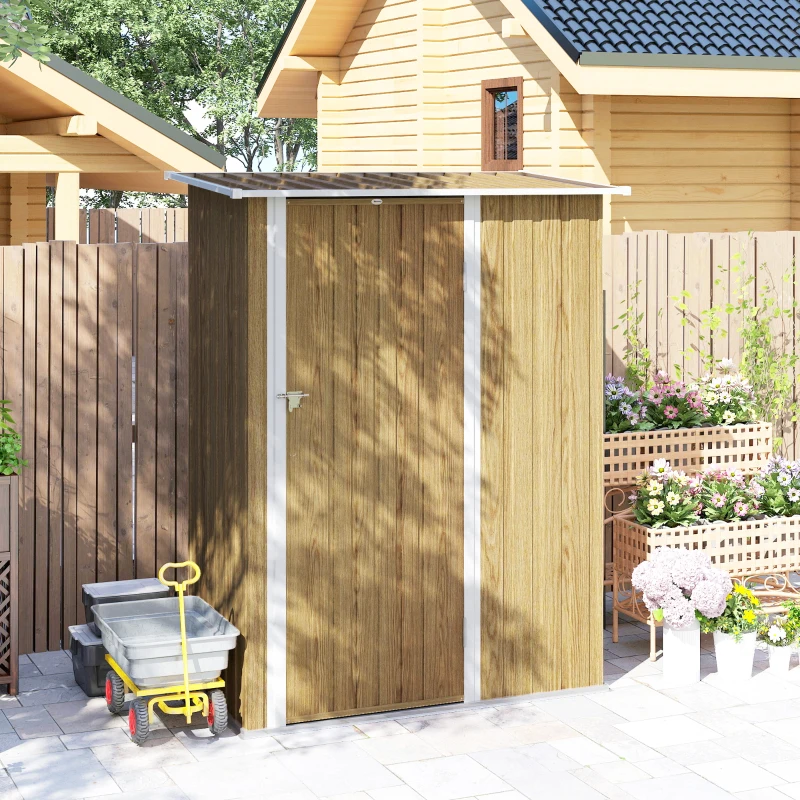 Outsunny Capanno Porta Attrezzi in Metallo con Tetto Inclinato e Porta Bloccabile, 142x86x189 cm, color Legno