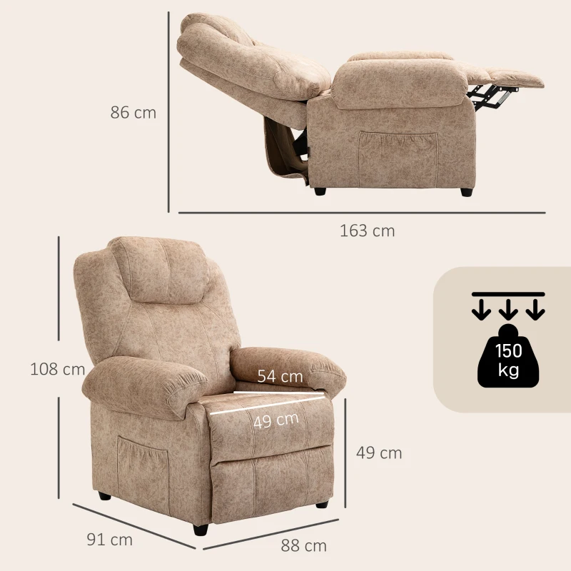 HOMCOM Sillón Relax Reclinable Manual, Sillón Relax de Terciopelo con Reposabrazos, Reposapiés, Acolchado Grueso, Butaca Reclinable hasta 135º para Salón, Dormitorio, Oficina, Beige