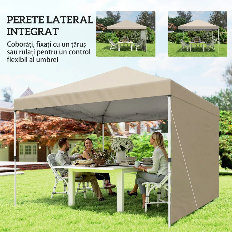 Pavilion pliabil Outsunny Pop-Up 3x3 m cu perete lateral, din metal și țesătură Oxford, bej