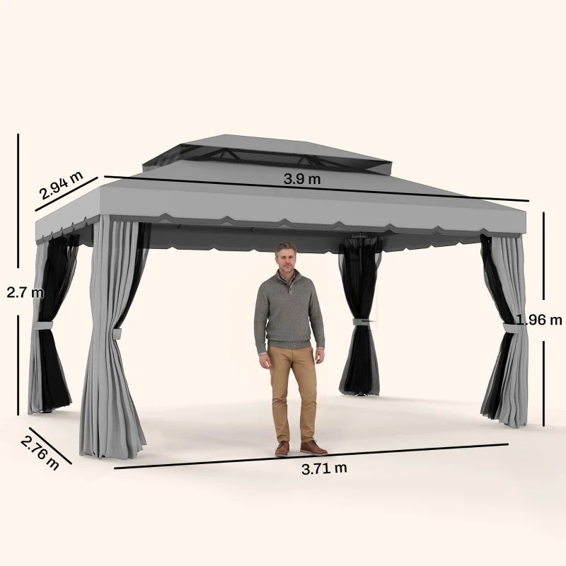Outsunny 3 x 4m Aluminium Garden Gazebo, Marquee Canopy Shelter Pavilion Party Tent with Nets and Curtains for Garden and Deck, Light Grey