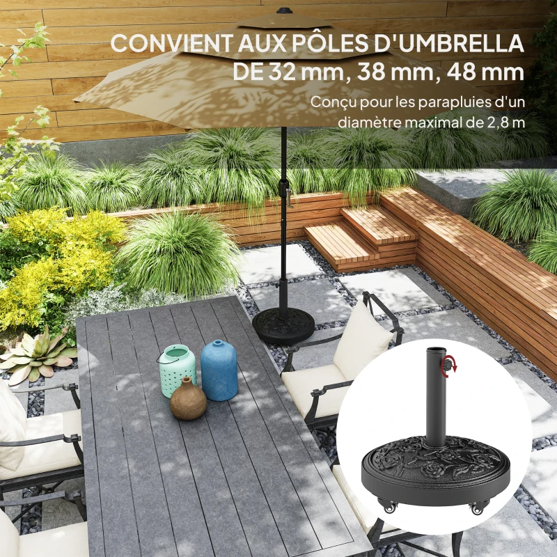 Outsunny Pied de parasol, socle parasol extérieur en résine 21 kg, pour mât de Ø 32/38/48 mm, avec roues, Ø 49 x 42 cm, noir