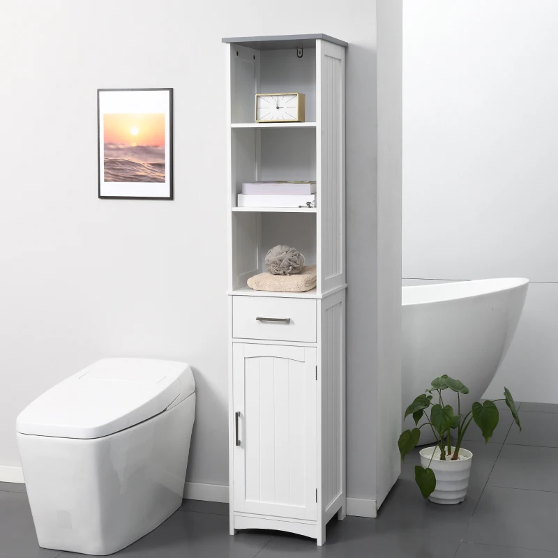 kleankin Meuble colonne de salle de bain avec placard 3 compartiments et tiroir - dim. 34L x 30P x 163H cm - MDF Blanc
