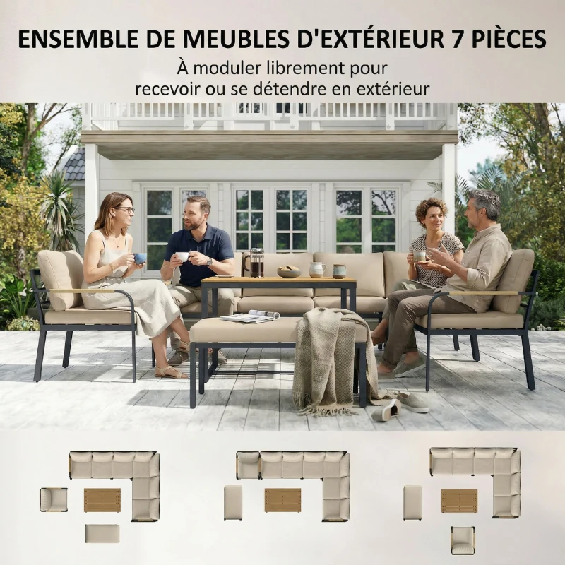 Outsunny Salon de Jardin 7 Pièces Ensemble Canapé d'Angle Extérieur Modulable avec Table en WPC et Pouf Beige et Gris