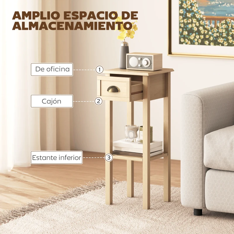 HOMCOM Mesa Auxiliar Rústica Mesa Auxiliar para Sofá con Cajón y Estante para Salón Dormitorio 30x30x75 cm Madera Natural