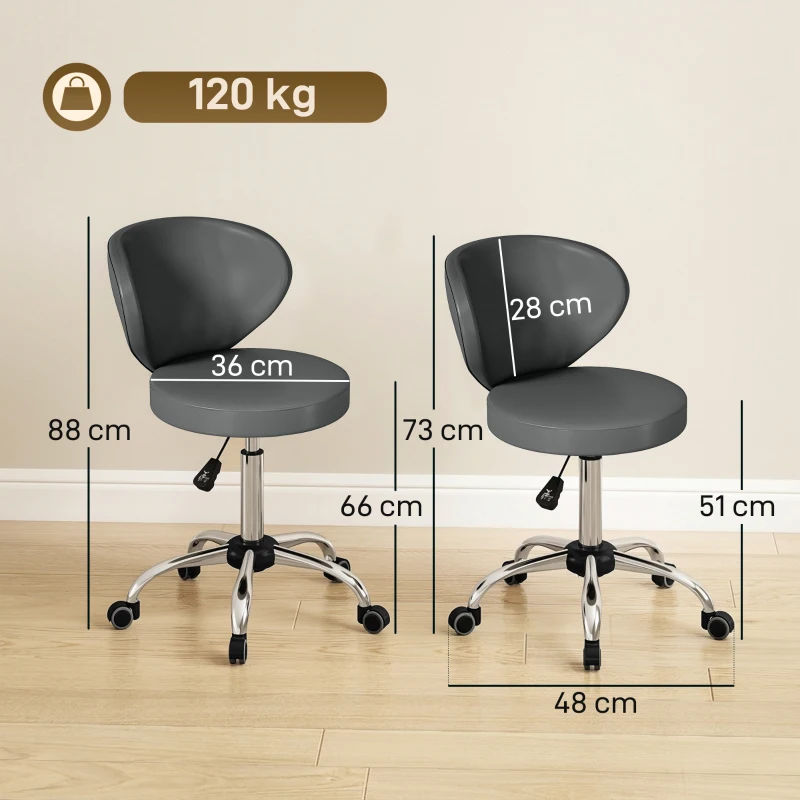 HOMCOM Tabouret à roulettes, tabouret de massage en PU avec hauteur réglable 73-88 cm et dossier, pivotant 360°, gris