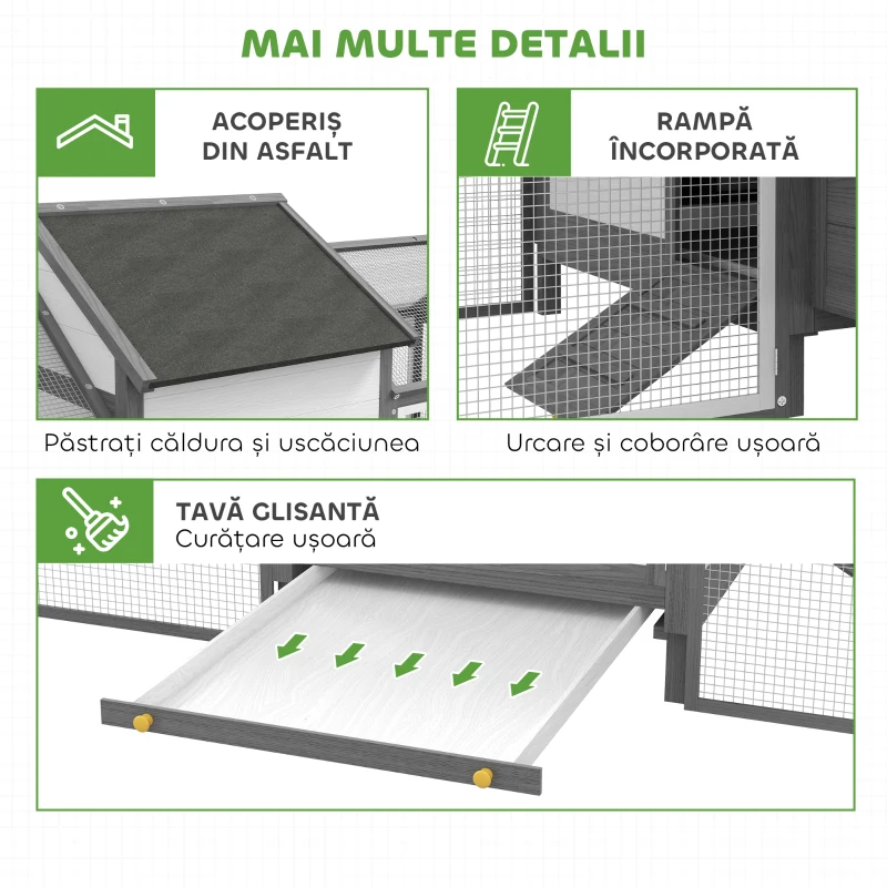 PawHut Cuibar din Lemn pentru Găini Ouătoare de Exterior cu 2 Zone Laterale, Căsuță, Cuib, Acoperiș Impermeabil, Sertar Detasabil, Loc de Odihnă, Uși și Rampă, pentru 2-4 Găini, 247x118x113.5 cm, Gri