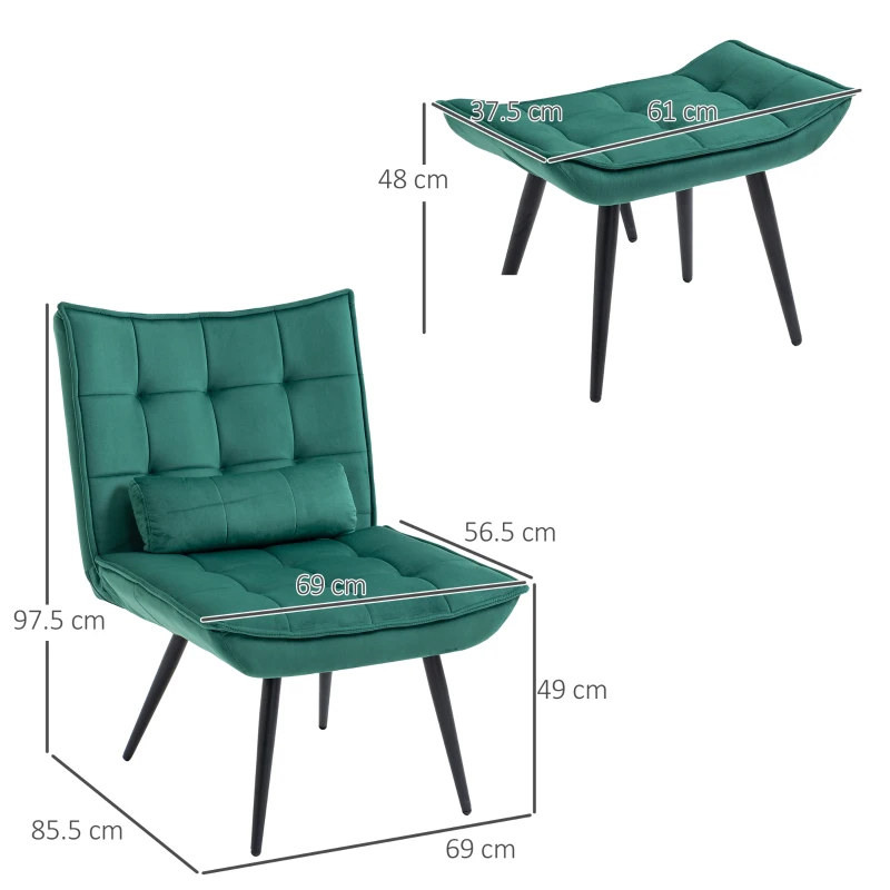 HOMCOM Accent Chair with Footstool Set, Tufted Upholstered Armless Lounge Chair with Pillow and Steel Legs for Living Room, Bedroom, Green