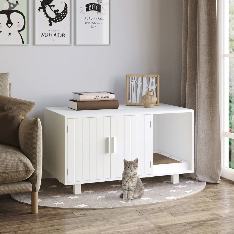 PawHut Maison de toilette pour chat, meuble 2 portes, compartiment griffoir, table d'appoint, 50,5H x 91L x 52l cm, MDF, blanc