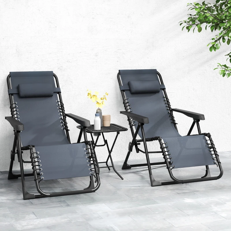 Outsunny Set de 2 Tumbonas Jardín Exterior Plegables de Gravedad Cero con Mesa Auxiliar con Portavasos Reposacabezas Gris