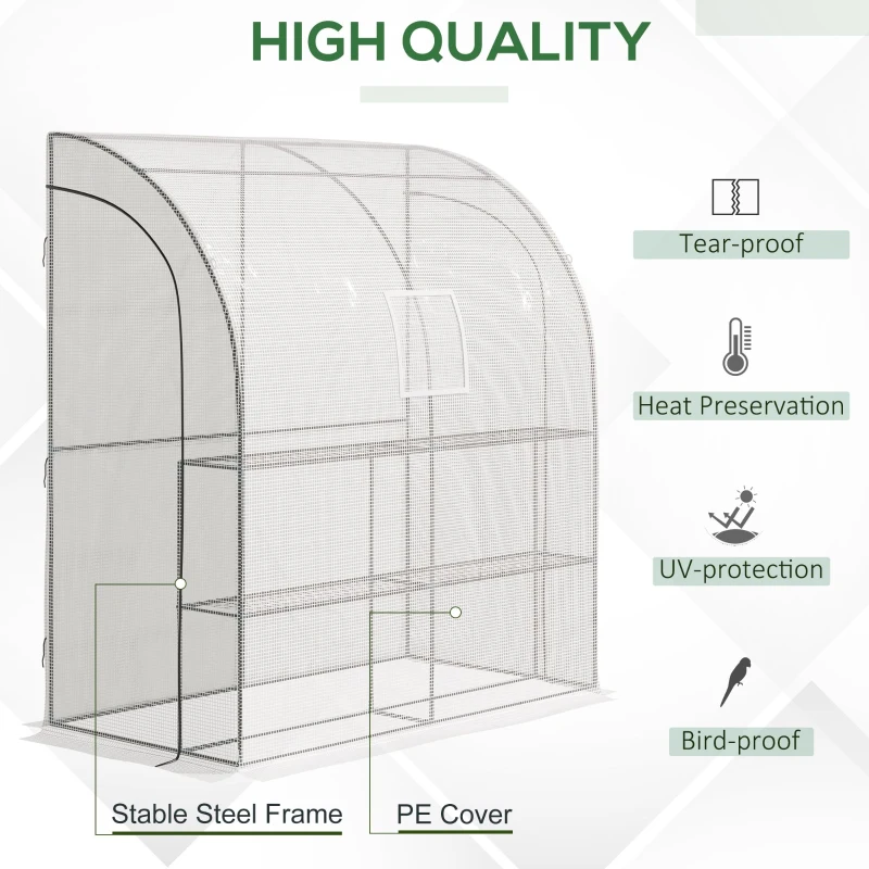 Outsunny Walk-In Lean to Wall Greenhouse with Windows and Doors, Outdoor Green House with 3 Tiers 4 Wired Shelves, 200L x 100W x 215Hcm, White
