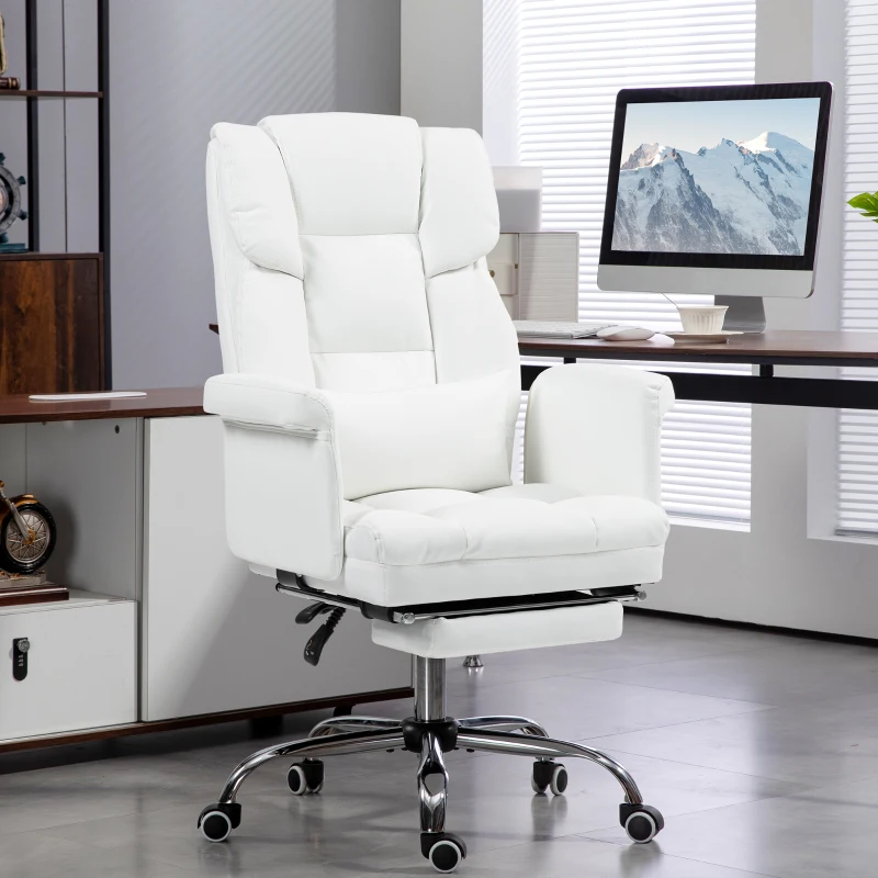 HOMCOM Ergonomischer Bürostuhl, höhenverstellbar 48-56 cm, neigbare Rückenlehne, Fußstütze, Weiß(m-10)